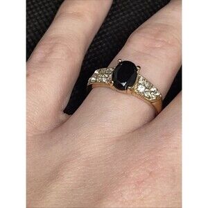 Size 8 1/2 Statement Ring With Black Faux Gemstone Gold Tone Faux Diamonds ￼